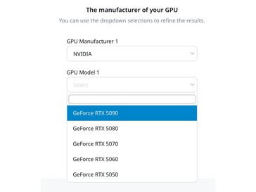 GPU della serie RTX 50 sulla pagina web del calcolatore di wattaggio di Seasonic (Fonte: Seasonic)