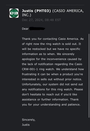 Corrispondenza via e-mail da parte di Casio America. (Fonte immagine: u/Temporary_Airline_58 via Reddit)