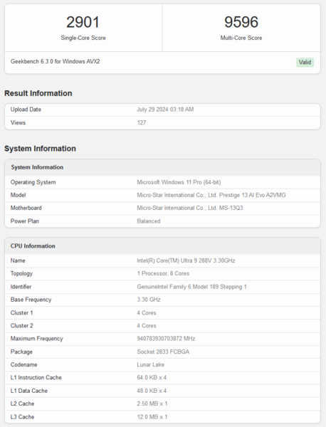 Punteggio Geekbench di Intel Core Ultra 9 288V (fonte: Geekbench)