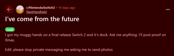 Almeno un utente anonimo su Reddit sostiene di avere già in mano uno Switch 2, promettendo di condividere i dettagli il giorno di Natale. (Fonte immagine: Reddit)