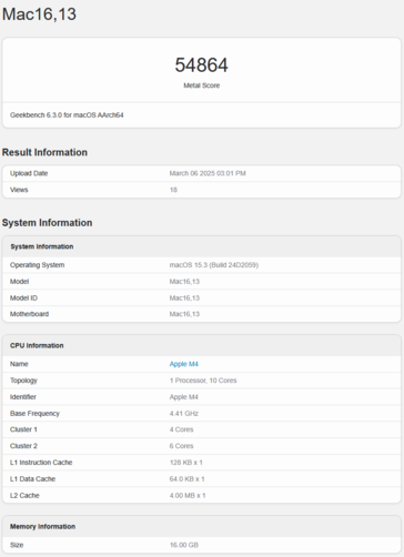 M4 MacBook Air Punteggio GPU Geekbench (fonte: Geekbench)