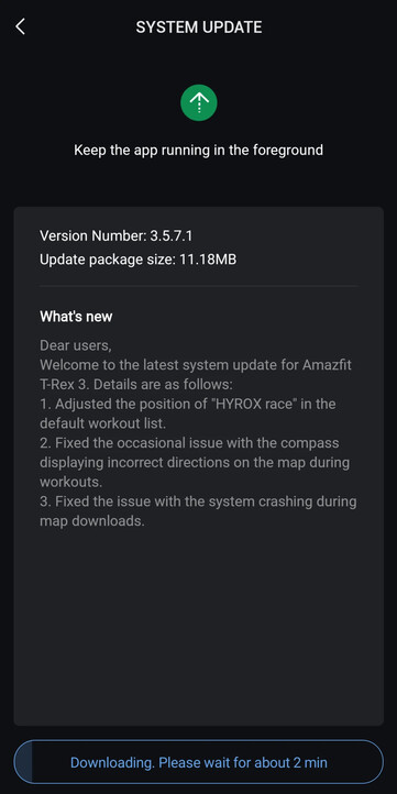 Le note di rilascio della versione firmware 3.5.7.1 per lo smartwatch Amazfit T-Rex 3. (Fonte immagine: u/Ech0ke via Reddit)