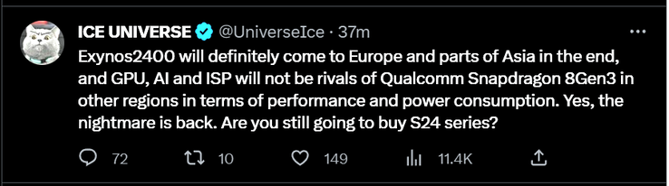 Tweet cancellato di Ice Universe sull'Exynos 2400 (immagine via Twitter)