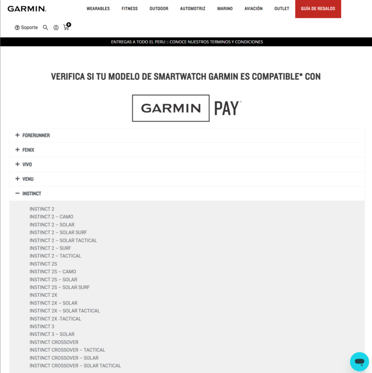 Uno screenshot del sito web di Garmin Perù che conferma gli smartwatch Instinct 3 e Instinct 3 Solar. (Fonte: Garmin)