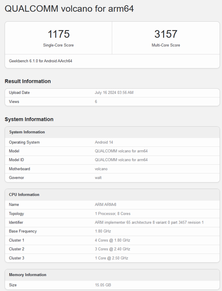 L'elenco di Geekbench per lo Snapdragon 7s Gen 3 rivela anche i punteggi dei test single e multi-core, rispettivamente di 1.157 e 3.157. (Fonte: Geekbench)