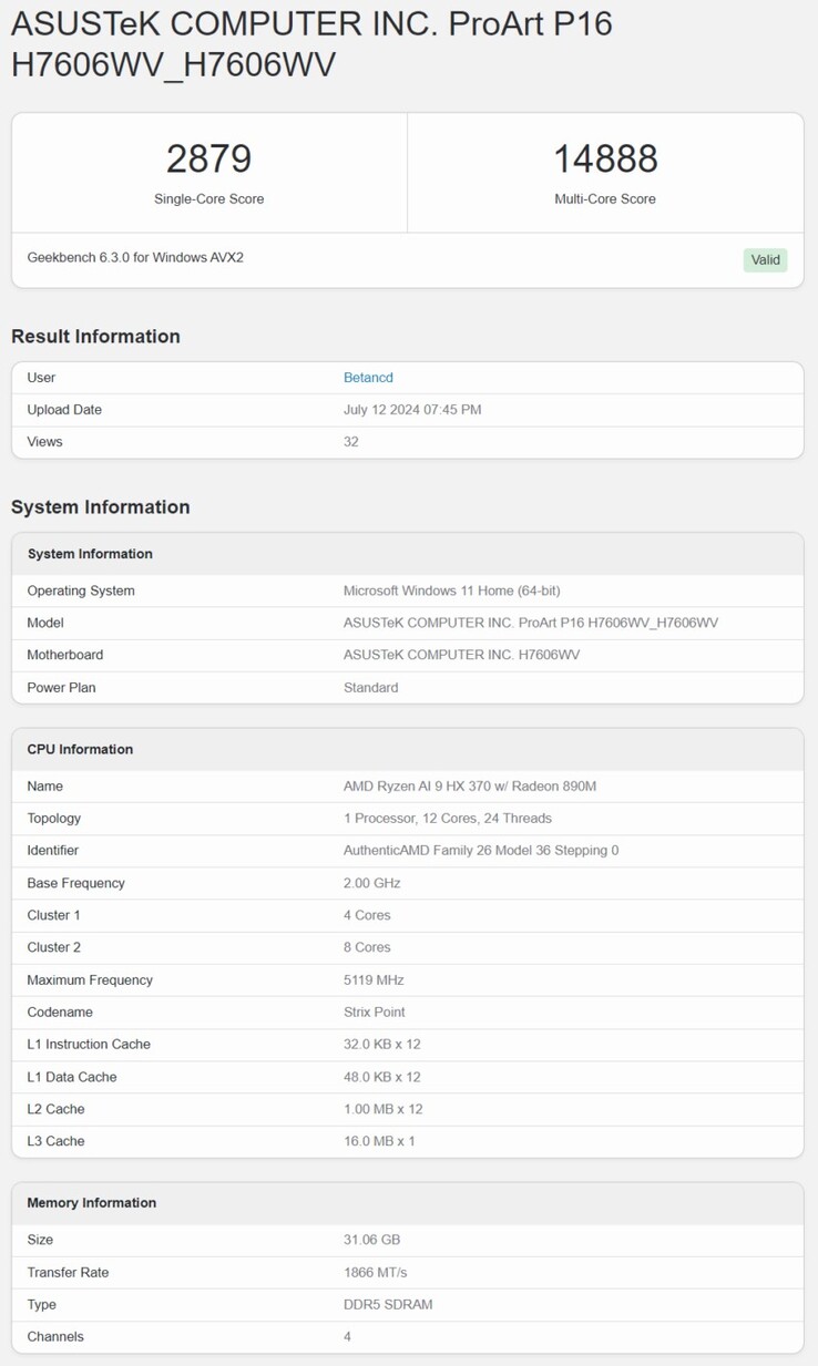 Risultato di Geekbench 6 di Ryzen AI 9 HX 370. (Fonte: Geekbench)