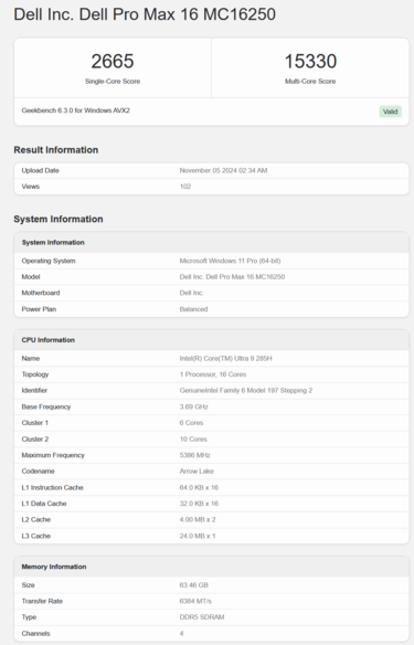 Prestazioni Intel Core Ultra 9 285H Geekbench (fonte: Geekbench)