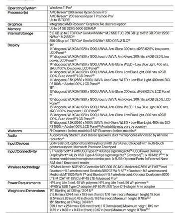 Specifiche del PC HP EliteBook 6 G1a AI. (Fonte: HP)