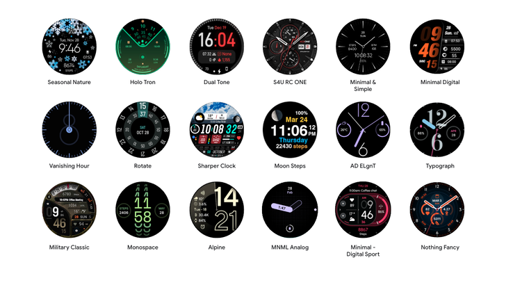 Esempi di facce di orologi che utilizzano il nuovo formato Watch Face. (Fonte immagine: Google)