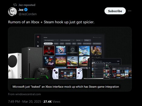 Jez Corden Steam su Xbox App X post (Fonte immagine: screenshot, account Jez Corden X)