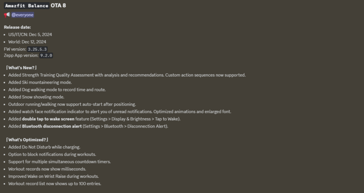 Il registro delle modifiche per l'aggiornamento OTA 8 di Amazfit Balance. (Fonte: Zepp Health)