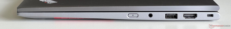 A destra: pulsante di accensione, audio da 3,5 mm, USB 3.2 Gen 1 (5 Gbit/s), HDMI 2.1, Slot di sicurezza Kensington Nano