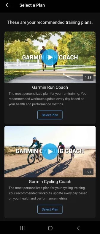 Una schermata dei nuovi strumenti di Garmin Coach nell'app Garmin Connect. (Fonte: Garmin)