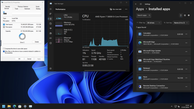 15 GB di spazio di archiviazione, 2 GB di RAM utilizzati, 80 processi e solo 7 app. Il modo in cui Windows 11 dovrebbe essere consegnato fuori dalla scatola. (Fonte immagine: Own)