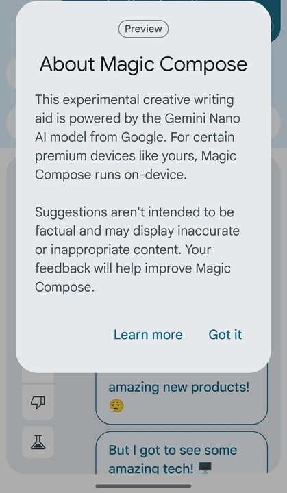 La funzione Magic Compose dell'app Google Messages in esecuzione sul modello Gemini Nano. (Fonte: Android Authority)