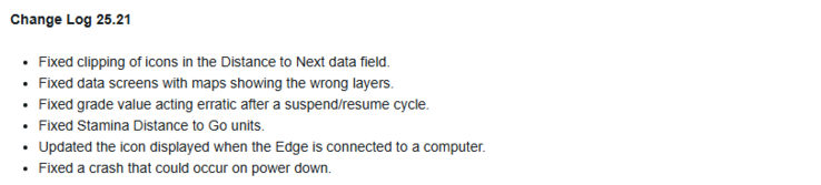 Il registro delle modifiche della versione beta 25.21 per i computer da bicicletta Garmin X40 Edge. (Fonte: Garmin)