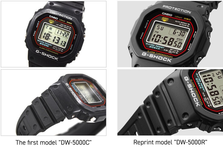 Dettagli come la lunetta della cassa che circonda la scritta, le fossette del cinturino e la posizione dei pulsanti luminosi sono stati meticolosamente duplicati nel G-Shock Casio DW-5000R per corrispondere all'originale DW-5000C. (Fonte: Casio Japan)