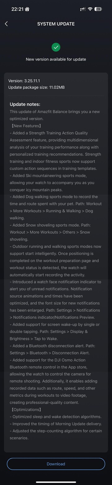 Le note di rilascio complete per l'aggiornamento Amazfit Balance versione 3.25.11.1. (Fonte immagine: u/Nurkamol via Reddit)