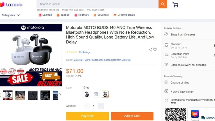 L'inserzione di Moto Buds I40 sul sito web di Singapore, Lazada (Fonte: Lazada)