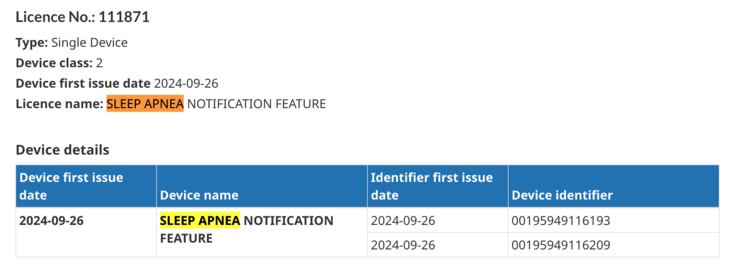 L'elenco delle licenze attive dell'integrazione della funzione di apnea del sonno sul sito web di Health Canada. (Fonte: Health Canada)