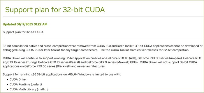 Avviso di Nvidia sul futuro del supporto CUDA a 32 bit. (Fonte immagine: Nvidia)