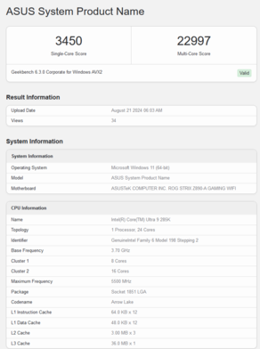 Punteggio Geekbench di Intel Core Ultra 9 285K (fonte: Geekbench)