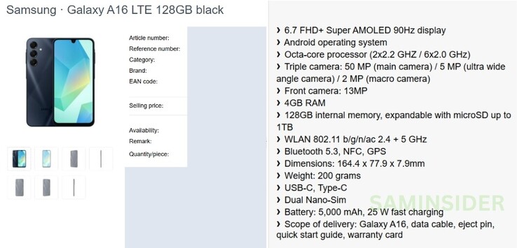 Una presunta ripartizione completa delle specifiche di Galaxy A16...