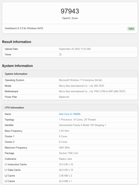 Prestazioni della GPU Intel Battlemage su Geekbench (fonte: Geekbench)