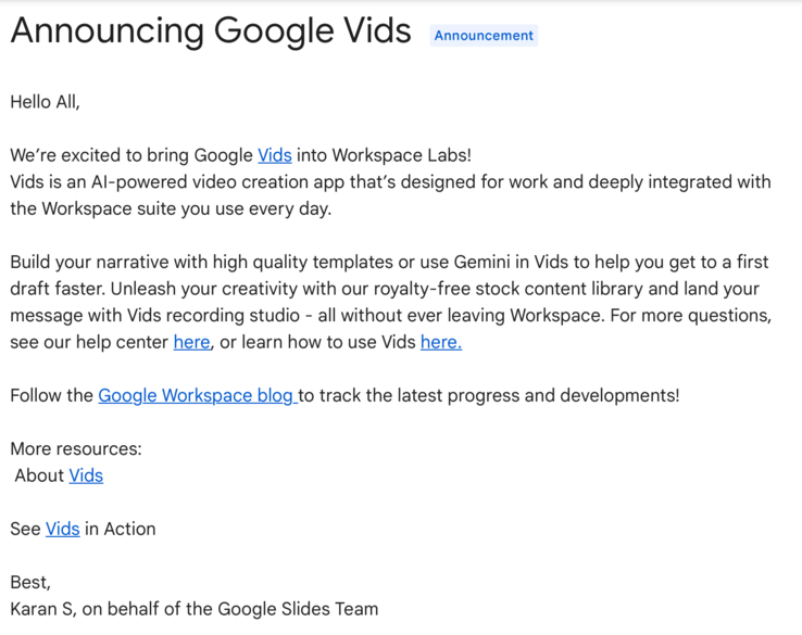 L'annuncio di oggi, relativo al lancio di Google Vids in Workspace Labs. (Fonte: Supporto Google)