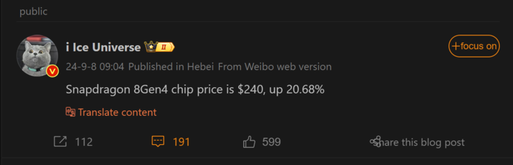 L'ultimo rapporto di Ice Universe su Snapdragon 8 Gen 4 (Fonte immagine: Weibo - tradotto automaticamente)