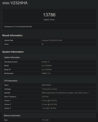 Specifiche di MediaTek Dimensity 9300 (immagine via Geekbench)