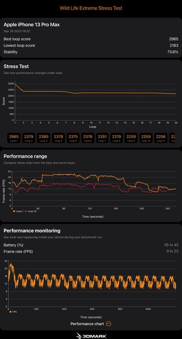 I risultati del test dell'A15 Bionic nel 3D Mark Wild Life Extreme Stress Test. (Fonte: Notebookcheck)