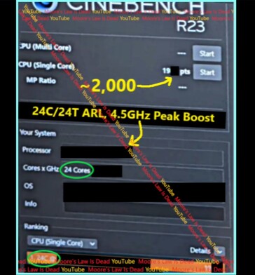 Arrow Lake Single-Core Cinebench R23. (Fonte immagine: Moore's Law Is Dead su YouTube)