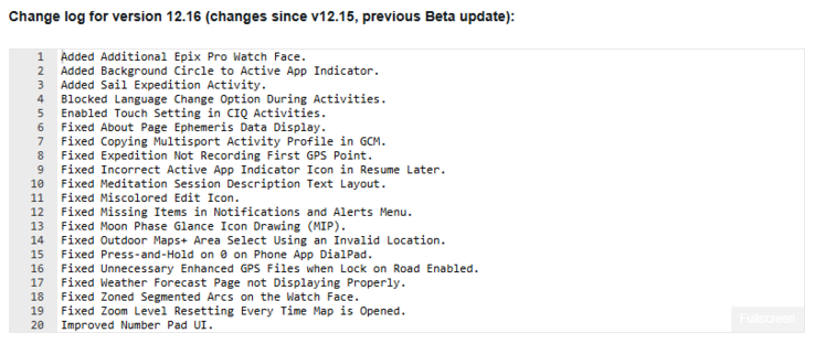 Il registro delle modifiche della versione beta 12.16 per i modelli Garmin Fenix 8, Fenix E ed Enduro 3. (Fonte: Garmin)