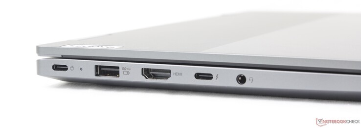 A sinistra: USB-C con PD 3.0 + DisplayPort 1.4 (10 Gbps), UAB-A (5 Gbps), HDMI (4K60), USB-C con Thunderbolt 4 + PD + DP 1.4, cuffie da 3,5 mm