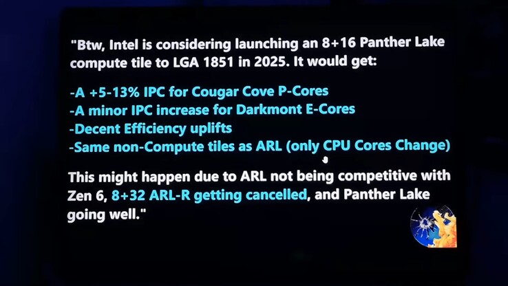 Intel Panther Lake per i desktop. (Fonte immagine: Moore's Law Is Dead su YouTube)