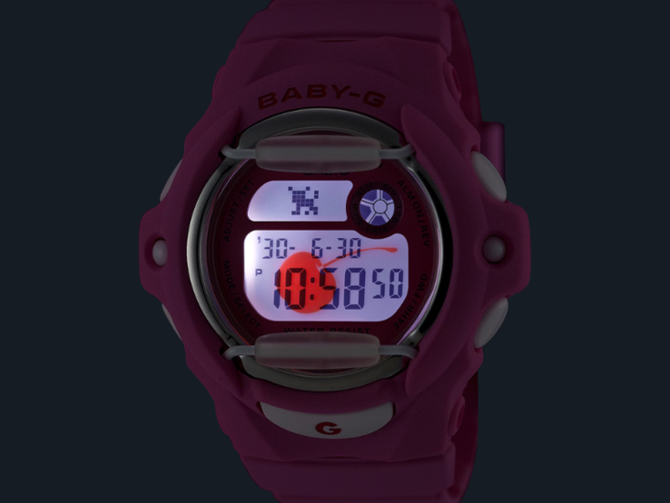 Una ciliegia viene visualizzata quando l'utente attiva la retroilluminazione LED sugli orologi BG-169CH. (Fonte: Casio)