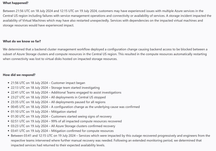 Timeline dell'interruzione di MS Central US Azure causata da una cattiva modifica della configurazione. (Fonte immagine: Microsoft)