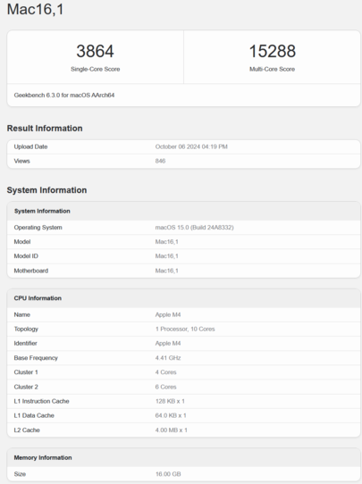 Apple Prestazioni della CPU M4 (fonte: Geekbench)