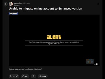 GTA 5 Problema di migrazione avanzata postato su Reddit (Fonte: Grand Theft Auto Online subreddit)