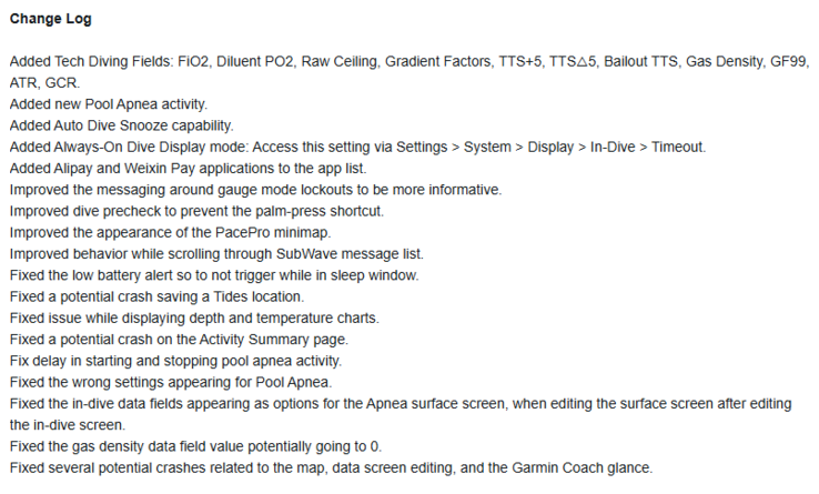 Il registro delle modifiche della versione software 19.49 per gli indossabili Garmin Descent Mk3. (Fonte: Garmin)