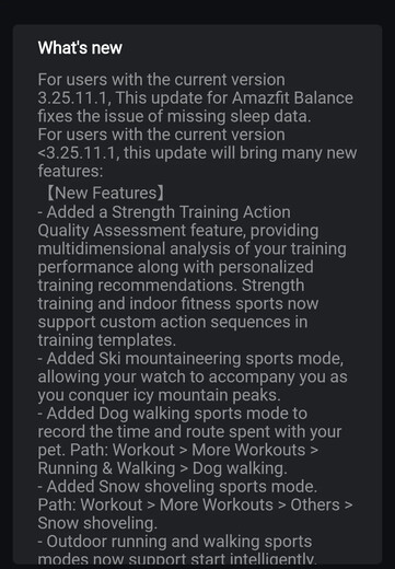 Il registro delle modifiche della versione software 3.25.12.3 per lo smartwatch Amazfit Balance. (Fonte immagine: u/SabretoothPenguin via Reddit)