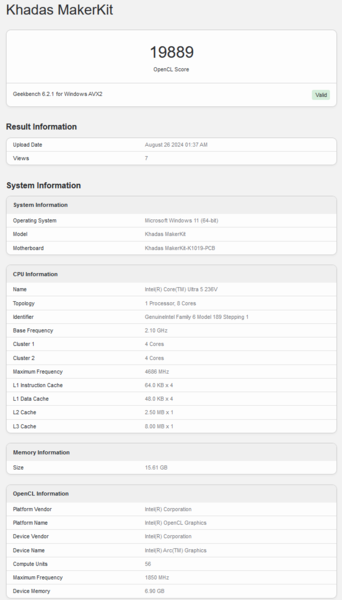 Punteggio OpenCL di Intel Arc 130V Geekbench (fonte: Geekbench)