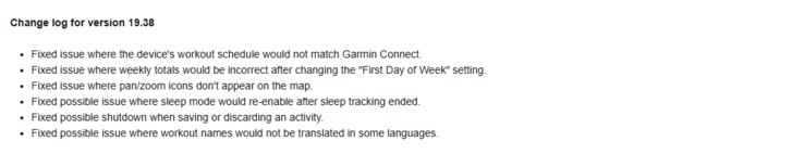 Il registro delle modifiche della versione beta 19.38 per il Garmin Fenix 7 e gli smartwatch correlati. (Fonte: Garmin)