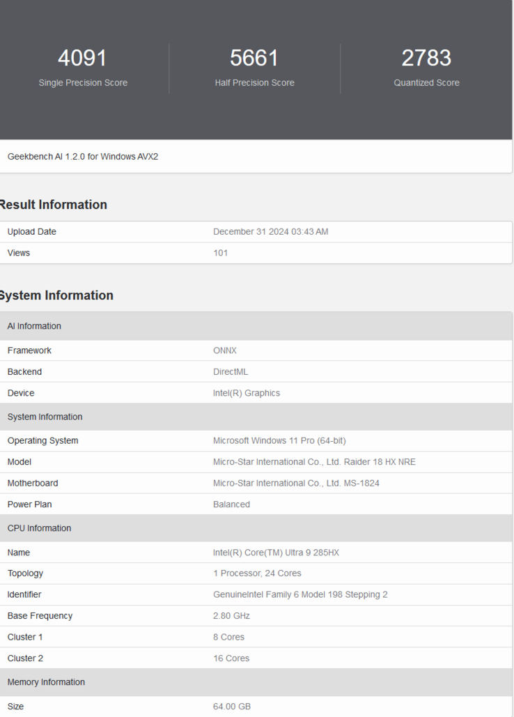 MSI Raider 18 HX, elenco di Geekbench AI (fonte: Geekbench)