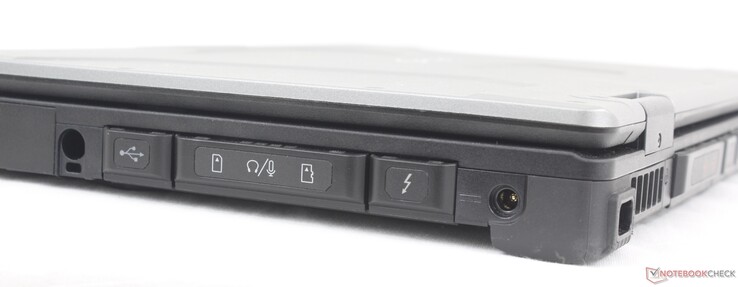 A destra: Slot per batteria/espansione, penna stilo (opzionale per touchscreen), USB-A 3.2 Gen. 1, Mini-SIM (opzionale), cuffie da 3,5 mm, lettore MicroSD, USB-C Thunderbolt 4 con Power Delivery + DisplayPort, porta adattatore AC