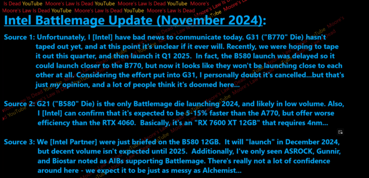 Intel potrebbe non lanciare una scheda grafica Arc Battlemage di fascia alta in questa generazione (fonte immagine: Moore's Law is Dead su YouTube)