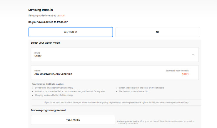 Offerta di permuta attuale per lo smartwatch (fonte: Samsung)
