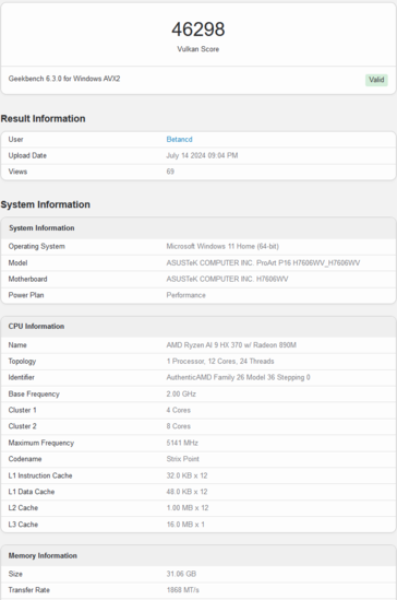 Punteggio AMD Radeon 890M Geekbench Vulkan (immagine via Geekbench)