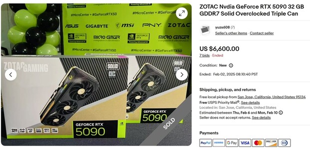 RTX 5090 venduto. (Fonte immagine: eBay)